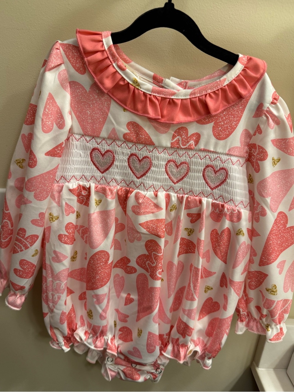 Marie Nicole Girls Pink Heart Smocked Ruffle Long-Sleeve Top